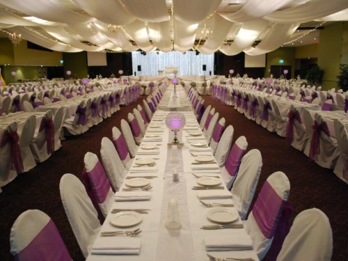 Marquee ceiling canopy white silks, purple bows long tables - Cex