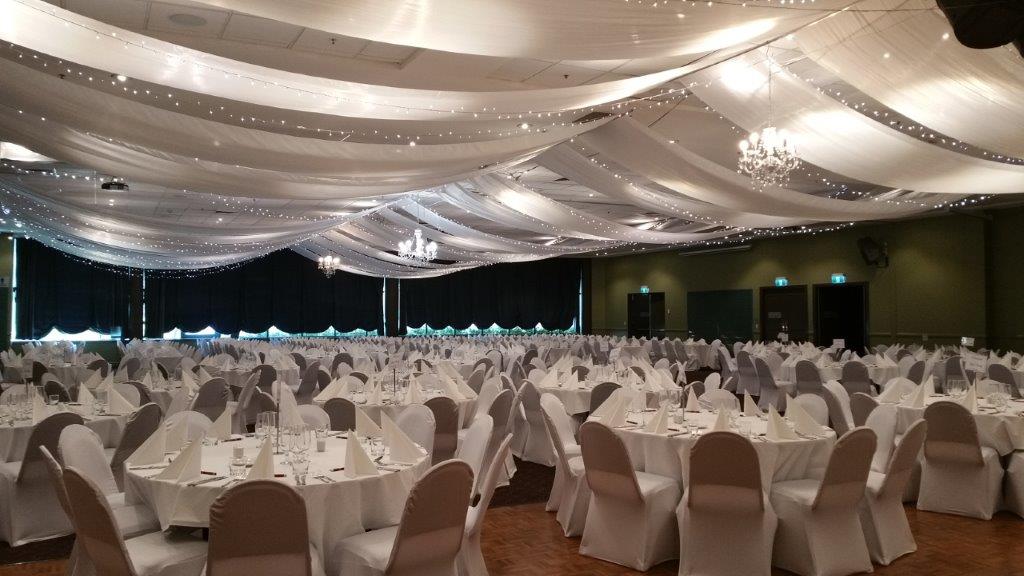 Marquee ceiling canopy white silks, crystal chandeliers - Grand Auditorium