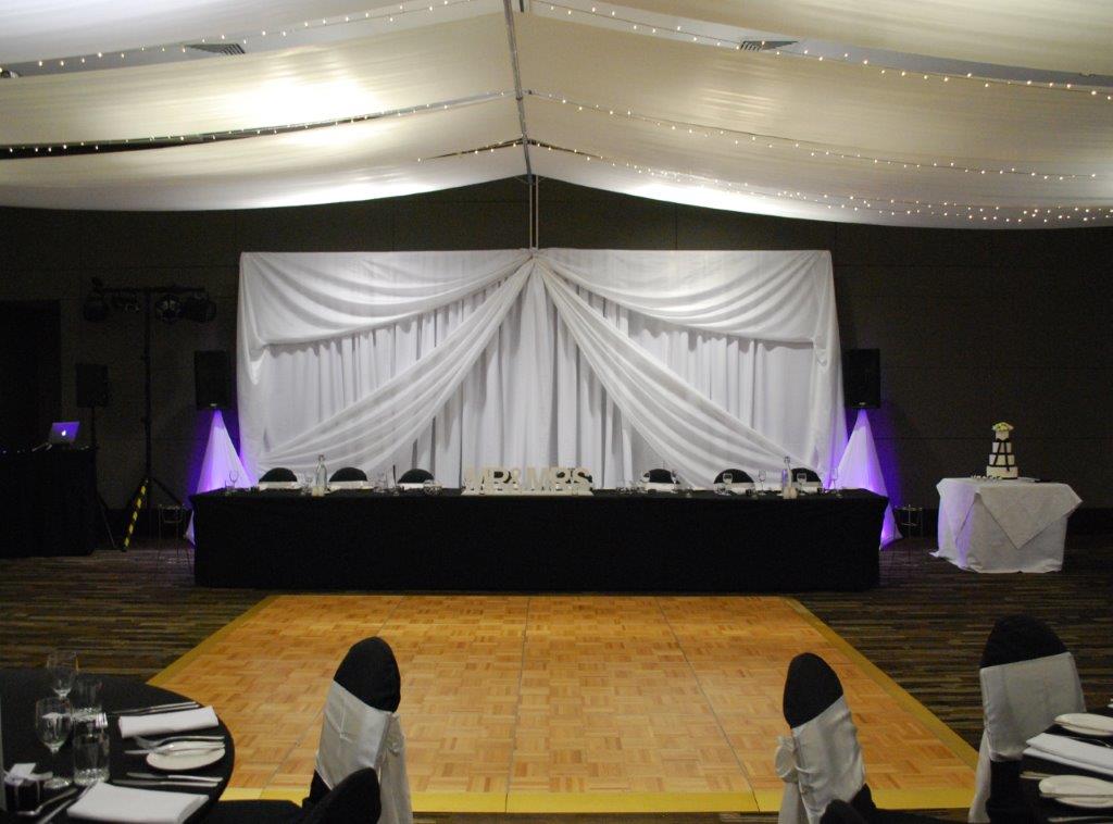 Marquee ceiling canopy black chair covers Pacific Bay Resort