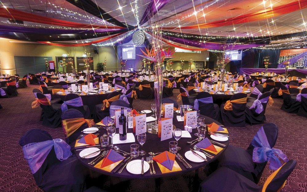 Star ceiling canopy orange black purple, bird of paradise centre table decoration Coffs Harbour Chamber of Commerce Business Awards Cex