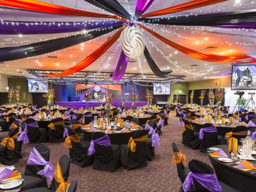 Star ceiling canopy orange black purple, bird of paradise centre table decoration Coffs Harbour Chamber of Commerce Business Awards Cex