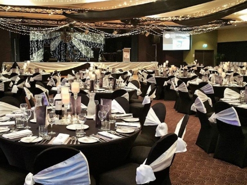 Star ceiling canopy black chair covers white side sash, Glass tulip centre pieces Cex