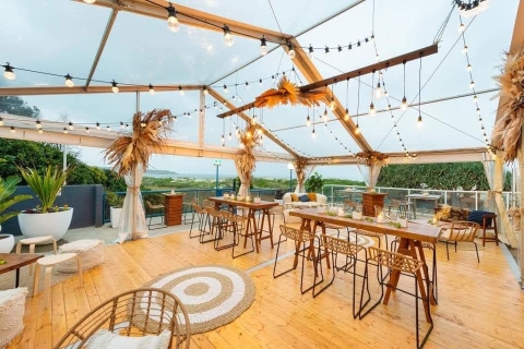 Marquee by the beach dried botanical floral arrangements cocktail style