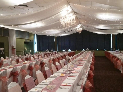 Marquee ceiling canopy, crystal chandeliers, 3 cup crystal orbs table decoration - Cex