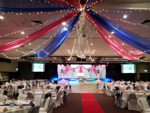 Star ceiling canopy blue & pink organza, Crystal chandelier