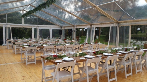 Marquee ceiling canopy fairy lights greenery timber topper tables, Malibu chairs