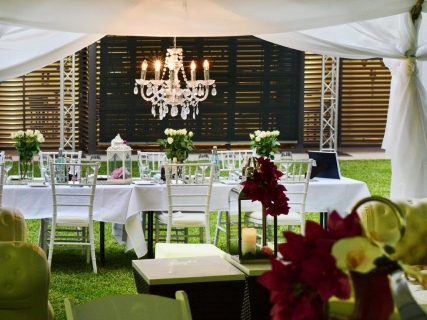 Marquee chandeliers Tiffany chairs