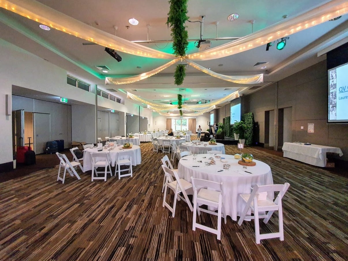 Jetty Harbour Marina Rooms - Star ceiling canopy, white silk fabric drapes + fairy lights + greenery, Greenery backdrop, Malibu chairs - Pacific Bay Resort