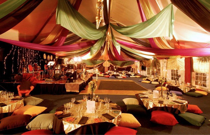 Marque ceiling canopy fairy lights Arabian nights silk fabrics + lanterns, floor cushions low tables