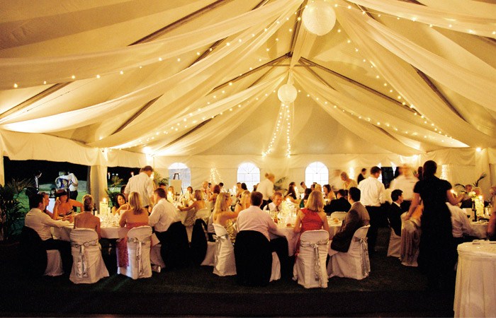 Marque ceiling canopy fairy lights silk fabrics + lanterns, chair covers + bows