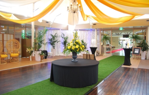 Island pre dinner drinks - Star ceiling canopy yellow & white silks Pacific Bay Resort