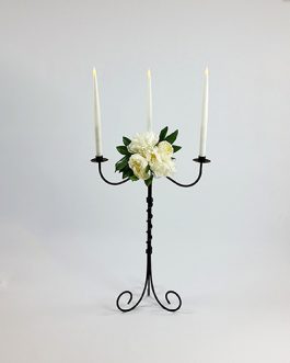 Candelabra Black Wrought Iron + 3 Battery Dinner Candles (1 Metre High x 45cm Wide)