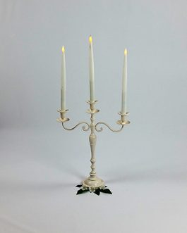 Candelabra Cream Wrought Iron + 3 Battery Dinner Candles (73 cm High x 36 cm Wide)