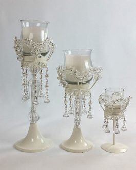 Candelabra Crystal Cream Hurricane Candle Holders + Battery Candles (Large 40 cm +Medium 30cm + Tealight 20 cm)