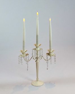Candelabra Crystal Cream Wrought Iron + 3 Battery Dinner Candles (66 cm High x 34 cm Wide)