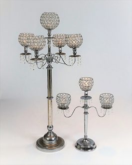 Candelabra Crystal Orbs + Battery Tealights (5 Cup 93 cm High x 45 Wide) + (3 Cup 50 cm High x 40 cm Wide)