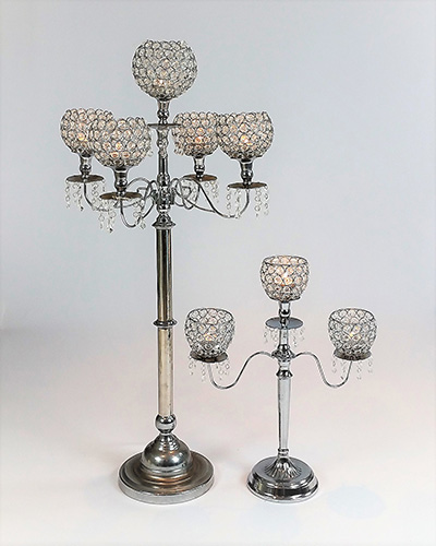Candelabra Crystal Orbs + Battery Tealights (5 Cup 93 cm High x 45 Wide) + (3 Cup 50 cm High x 40 cm Wide)