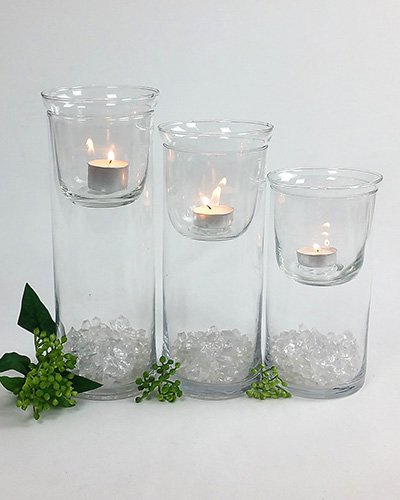 Glass Cylinder Vases + Glass Topper + 9 Hour Tealight Candle (Set of 3)