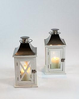 Lantern White Wood + Silver (25 cm High x 20 cm Wide)