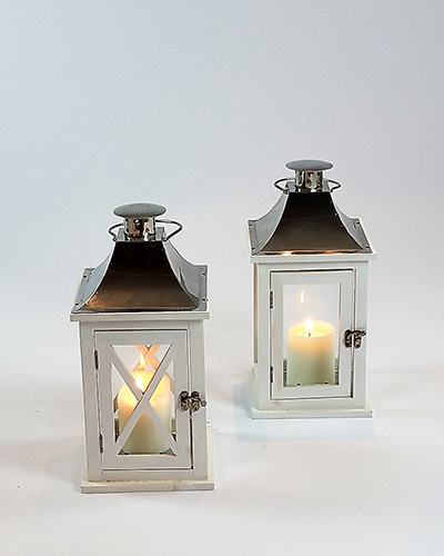 Lantern White Wood + Silver (25 cm High x 20 cm Wide)