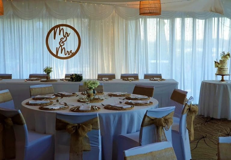 Backdrop 1 White Satin Full backdrop, chair covers, burlap bows