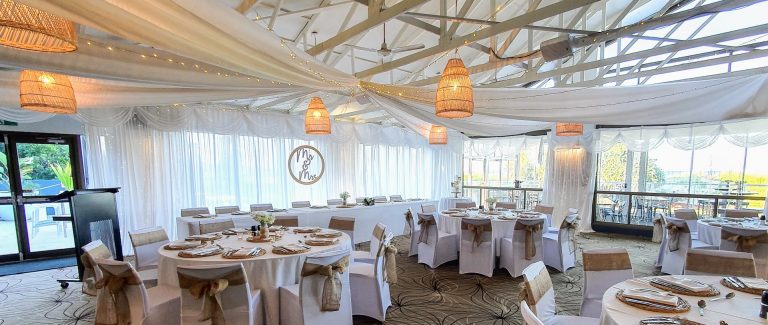 Ceiling Star fairy light + soft fabric,, chair covers burlap, full white satin backdrop, MR & MRS Sign