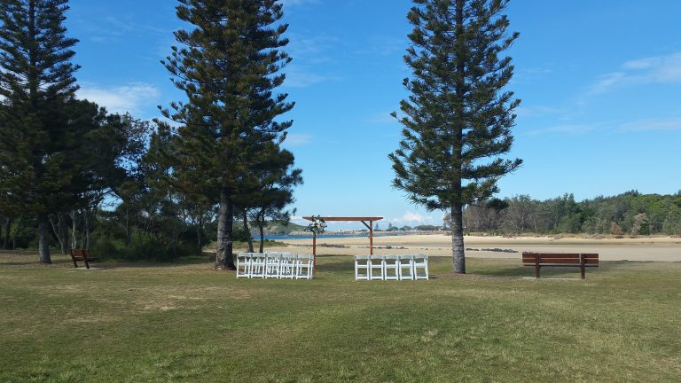 Wedding ceremony Park Beach Reserve Lawns near Surf club car park