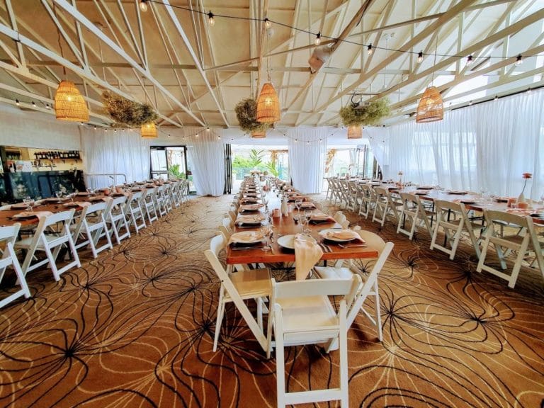 Northern Backdrop white satin frame  + Eastern white satin backdrop wall + white fabric friezes + Timber toppers + Malibu chairs