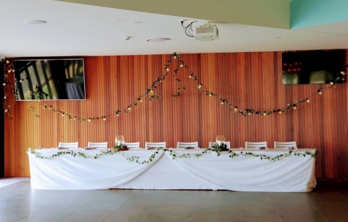 Woolgoolga surf bridal table festoon ivy backdrop drape, bridal table skirt, butterfly top drape + ivy garland