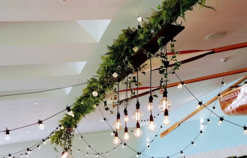 Woolgoolga surf ceiling Edison lighting chandelier, ivy & fern greenery