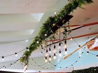 Woolgoolga surf ceiling Edison lighting chandelier, ivy & fern greenery