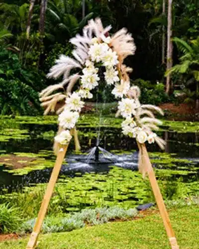 Arbour natural timber A frame + silk dalia florals + feather